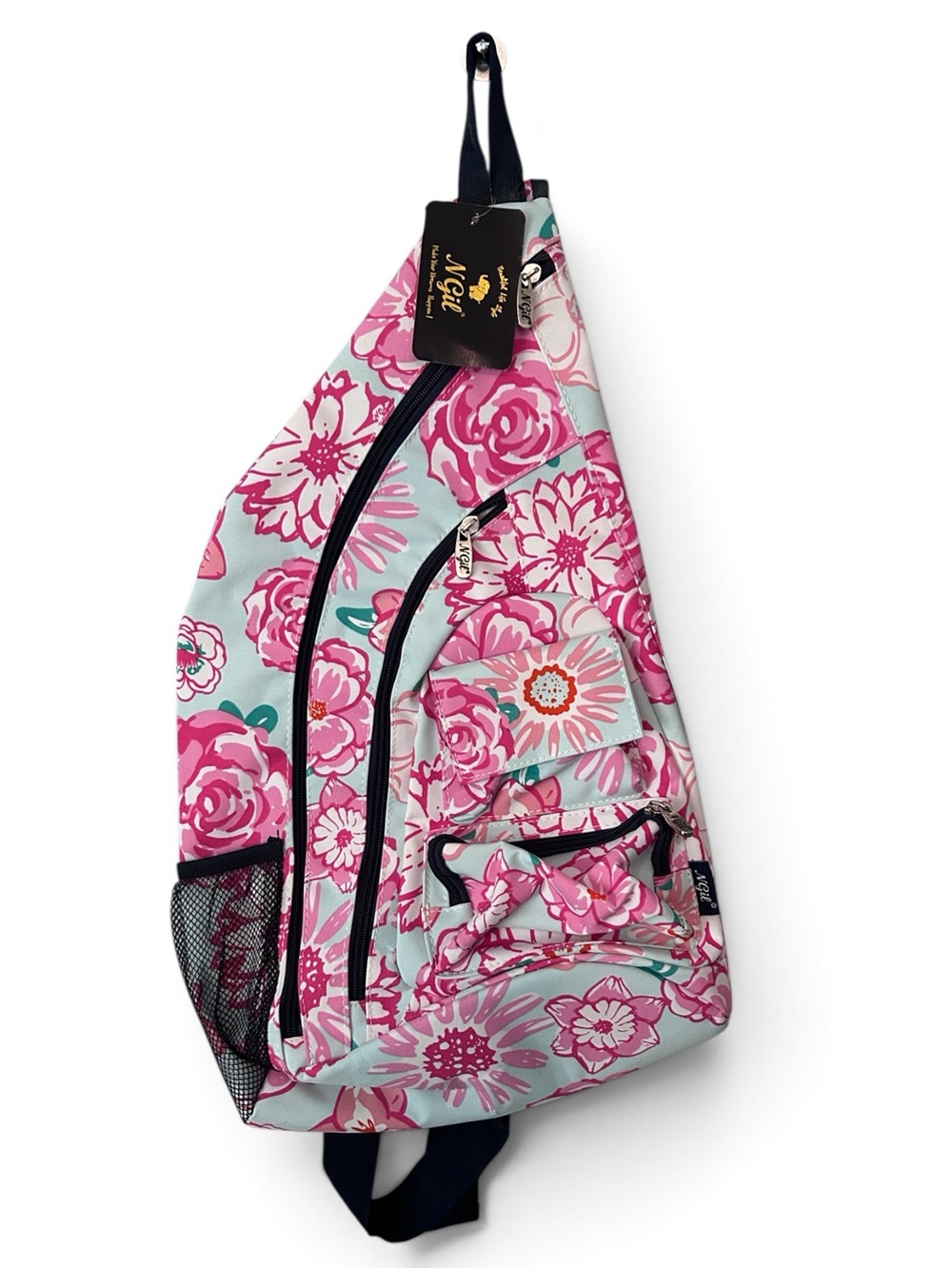 N Gil Pink & Blue Floral Sling Bag Canvas Travel Bag NWT